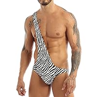 YiZYiF Men's One Shoulder Bodysuit Zebra Striped Print Mankini Swimsuit Underwear Suspender Thongs
