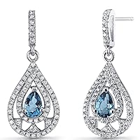 Peora London Blue Topaz Halo Teardrop Dangle Earrings 925 Sterling Silver, Natural Gemstone Birthstone, 1 Carat total Pear Shape 6x4mm, Friction Backs