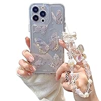 Fycyko Compatible for iPhone 14 Pro Case Cute Butterfly Pattern Clear Design Aesthetic Women Teen Girls Glitter Pretty Crystal Sparkle Sparkly Phone Cases Protective Cover+Butterfly Chain