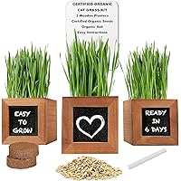Cat Grass for Indoor Cats with 3 Wooden Planters, Certified Organic Seeds, and Soil. Gifts for Cats They Will Love. Perfect Cat Grass Kit Gift for Cat Lovers/Cat Owners (Cat Grass Kit New)