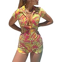 Kaipiclos Women Sexy Y2K Short Sleeve Bodycon Jumpsuit Print Pattern Buttons Overalls Playsuit One Piece Rompers