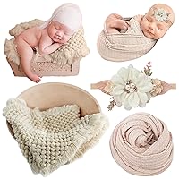 SPOKKI 3 Pcs Newborn Photography Props Outfits Set, Knitted Blanket for Baby Photo Props, Beige Elastic Wrap for Photoshoot, Flower Headband