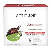 ATTITUDE Dishwasher Pods, Naturally Derived Dishwashing Detergent, Vegan and Plant-Based Dish Soap Tablets, Phosphate Free, Unscented, 70 Count