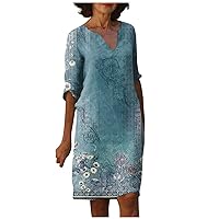 Plus Size Dresses, Plus Size Summer Dresses Maxi Dresses for Women 2024 Ladies Breathable Half Sleeve Dress V-Neck Daily Vintage Floral Print Dressy Womens Casual Fashion for (Blue,XX-Large)