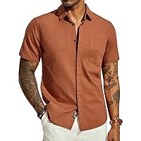 PJ PAUL JONES Men Cotton Linen Shirt Casual Short Sleeve Button Down Shirts Summer Beach Shirt Vacation Shirt with Pocket
