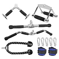 6 Pieces Cable Machine Accessories Set - LAT Bar Cable Machine Attachment, Double D Handle, V-Shaped Bar, Tricep Rope, Rotating Straight Bar & Ankle Straps, for Arm Strength Workout Training