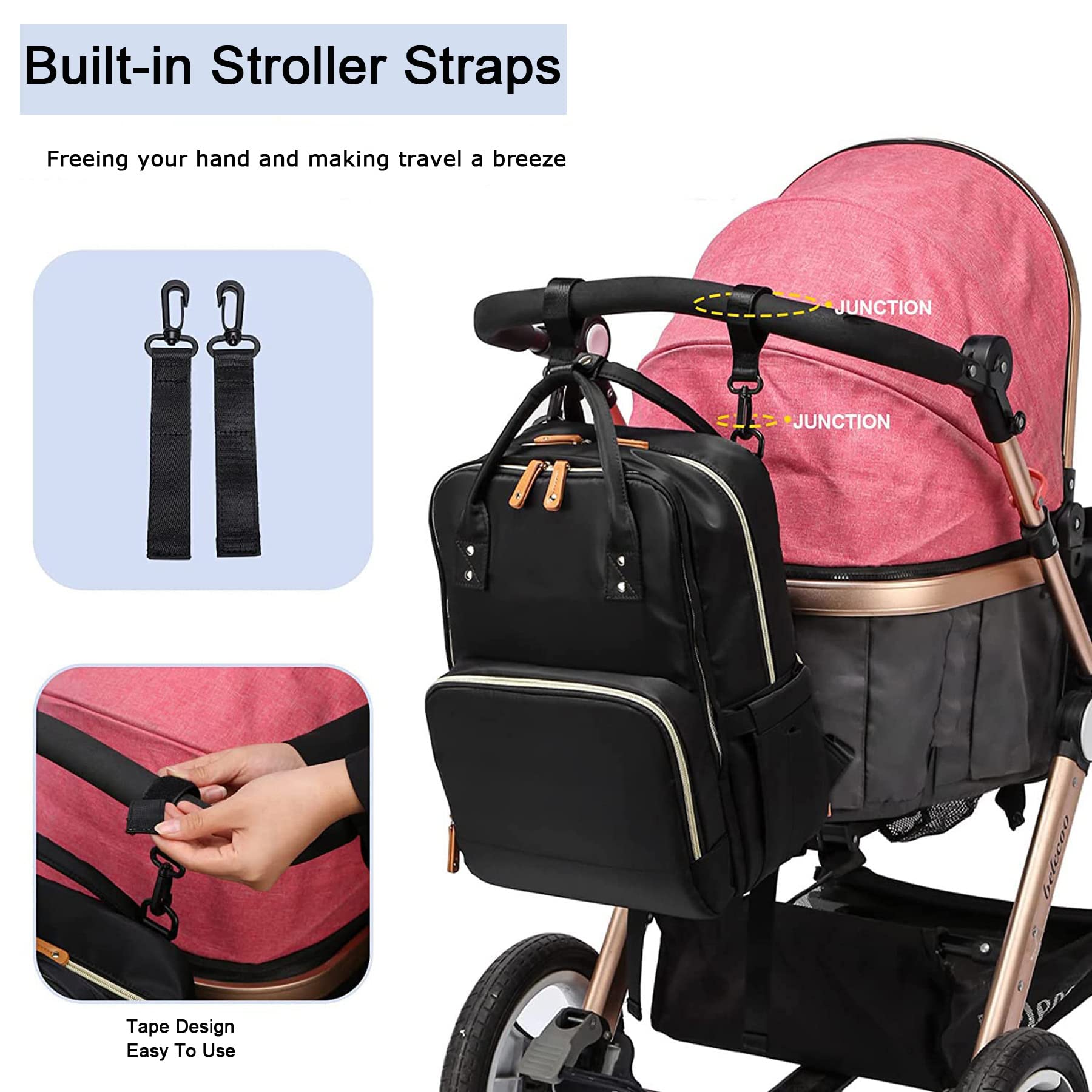 NUNET Diaper Bag Backpack Black W. Portable Changing Pad, Stroller Straps, Large Diaper Bag for 2 Kids (Girls/Boys), Multipurpose Lightweight Travel Back Pack for Moms Dads