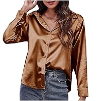 TUNUSKAT Womens Satin Shirts 2022 Long Sleeve Button Business Casual Blouse Fall Fashion Print V Neck Tops Office Work Shirt