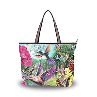 Women Large Tote Top Handle Shoulder Bags Hummingbird Flower Butterfly Ladies Handbag L