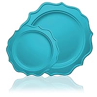 Tiger Chef 96-Pack Turquoise Color Round Scalloped Rim Disposable Plastic Plate Set for 48 Guests Includes 48 10-Inch Dinner Plates, 48 8-Inch Salad Plates - BPA-Free
