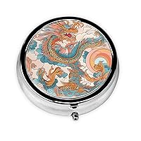 Round Pill Box Cute Small Pill Case 3 Compartment Pillbox for Purse Pocket Blue Asian Dragon Portable Pill Container Holder to Hold Vitamins Medication Fish Oil and Supplements