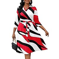 FANDEE Plus Size Midi Dress for Women - Printing Summer Dresses for Wedding Guest Cocktail Party 3/4 Sleeve V Neck（XL-5XL）