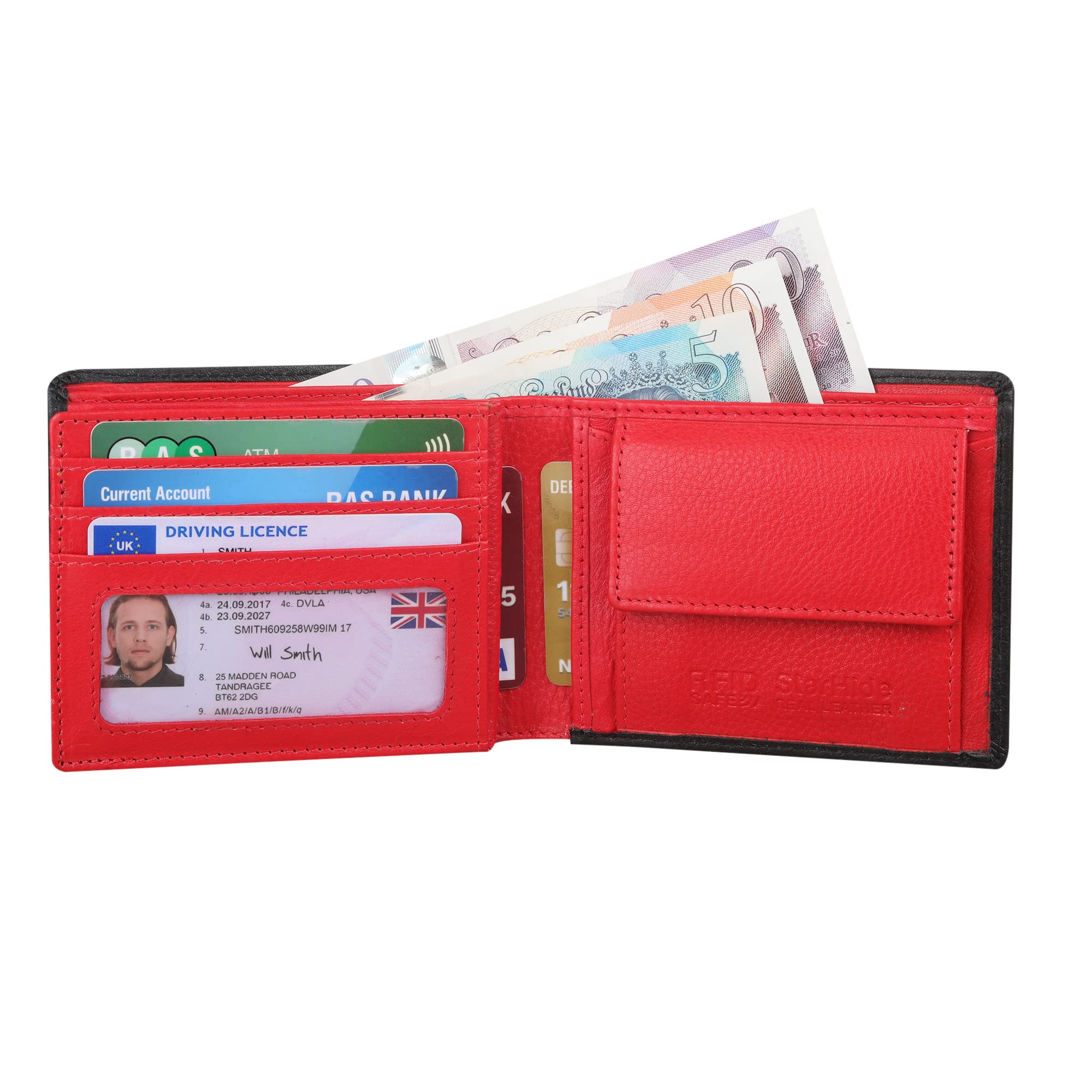 Starhide Men's RFID Blocking Genuine Nappa Leather Billfold Wallet Purse - Photo Id Holder - Coin Pocket Pouch 1216 (Black/Red)