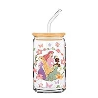 Silver Buffalo Disney Princess Trio Floral Oval Glass Tumbler w Bamboo Lid and Glass Straw, 16 Ounces