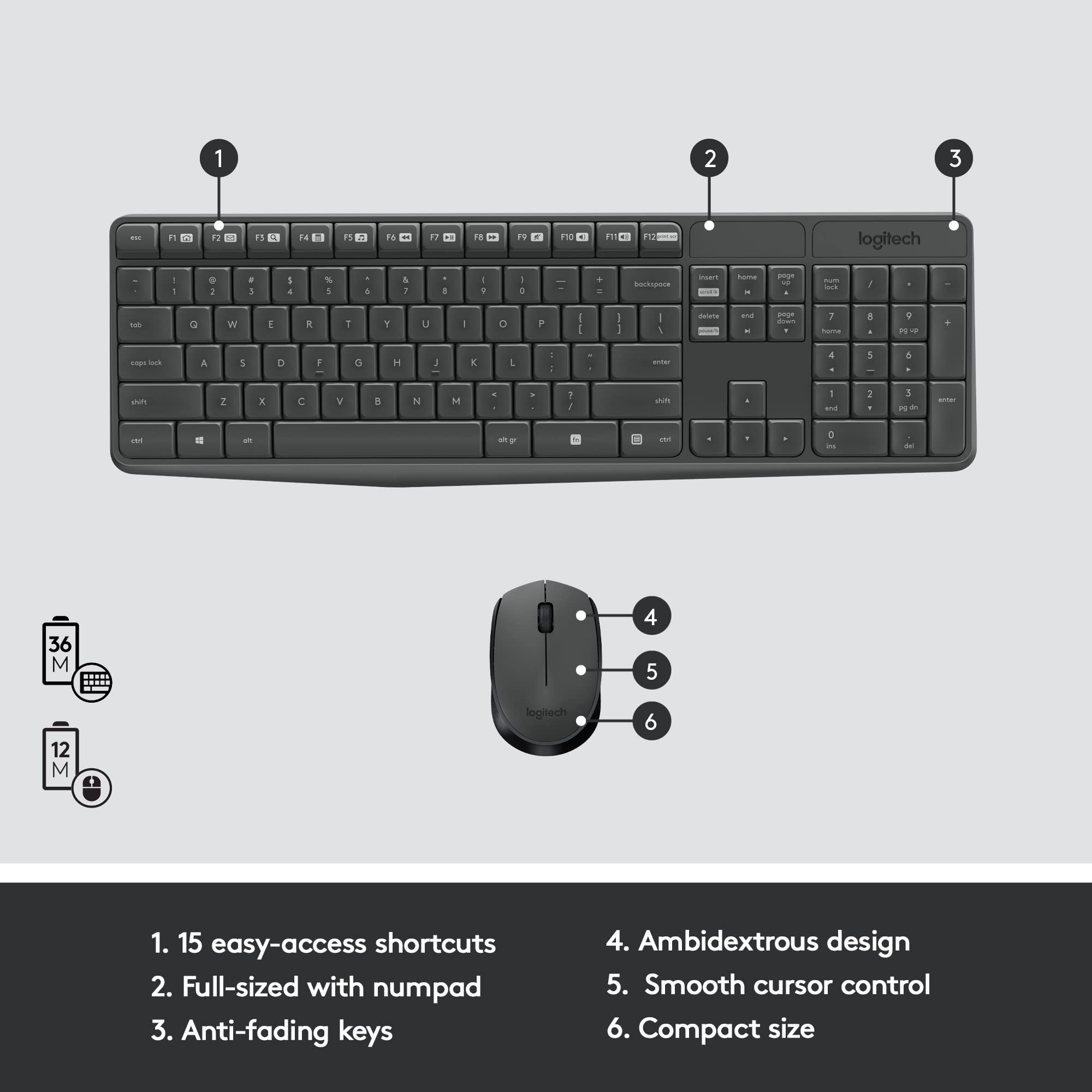 Logitech MK235 Wireless Keyboard and Mouse Combo for Windows, USB Receiver, 15 FN Keys, Long Battery Life, Compatible with PC, Laptop