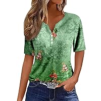 Summer Tops for Women 2024 Buttons T Shirts Short Sleeve Floral Graphic Blouses Trendy Casual Loose Comfy Basic Tops Tees