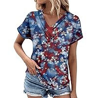 Womens 4Th of July Summer Tops Button Down V Neck T Shirts Trendy Patriotic Short Sleeve Blouses Flag Graphic Tees