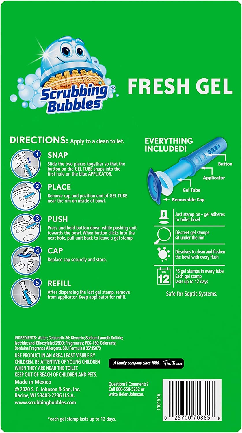 Scrubbing Bubbles Fresh Gel Toilet Cleaning Stamp, Rainshower, Dispenser with 24 Gel Stamps, 5.36 oz