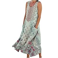 Women Summer Sleeveless Vintage Print Linen Tank Dress with Pockets Boho Beach Swing Party Dresses Casual Sundress