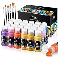 Outdoor Acrylic Paint for Metal, Ohuhu 24 Colors Art Craft Paint Set, 18 Basic and 6 Metallic Acrylic Paints (60ml, 2oz.) with 6 Brushes, Waterproof Rich Pigments For Garden Statues, Woods, Rocks, Canvas, Glass, Fabrics, Last 3-4 Years