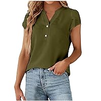 Womens Casual Summer Tops Dressy Petal Short Sleeve Henley Shirts Solid Color Button Up V-Neck Tunic Work Blouses