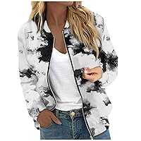 Bomber Jacket for Women Zip Up Outerwear Print Long Sleeve Casual Dressy Tops Fall Slim Jacket