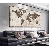 World Map Canvas Wall Art Vintage Map of World Pictures Wall Decor Rustic Old Beige Brown Canvas Painting Artwork for Living Room Bedroom Office Wall Decoraitons Framed Ready to Hang 40