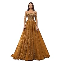 Off Shoulder Sequin Prom Dresses Long Glitter Tulle Wedding Party Dress Formal Ball Gown for Women