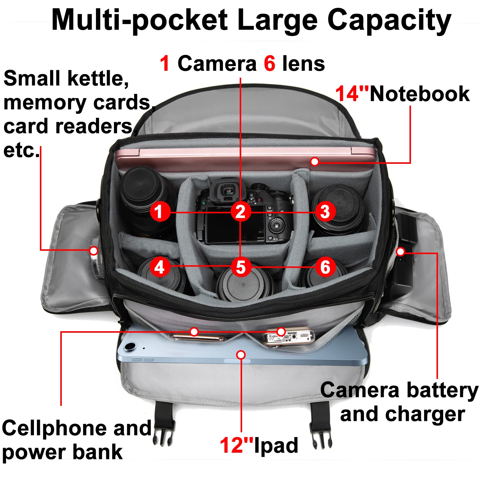 CADeN Camera Bag Case Shoulder Messenger Bag with Tripod Holder Compatible for Nikon, Canon, Sony, DSLR SLR Mirrorless Cameras Waterproof (Black, Large)
