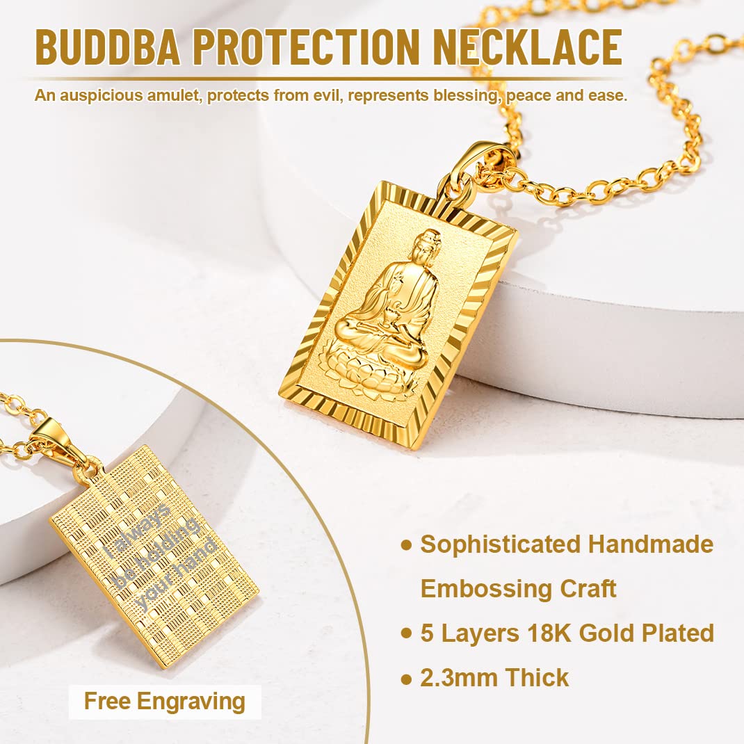 GOLDCHIC JEWELRY Gold Plated Dragon/Buddha Totem Pendant Necklace for Men, Womens Chinese Religion Lucky Jade Amulet Protection Fengshui Jewelry