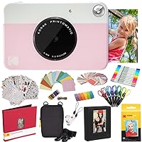 KODAK Printomatic Instant Camera (Pink) All-in-Bundle + Zink Paper (20 Sheets) + Deluxe Case + Photo Album + 7 Sticker Sets + Markers + Scissors and More