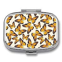 Portable Small Pill Case for Purse Pocket, Orange Monarch Butterfly Floral Mini Pill Box with 2 Compartment, Metal Rectangle Vitamin Container Travel Pill Organizer