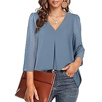 Messic Women's 3/4 Sleeve Work Blouses Casual V Neck Chiffon Shirts Top