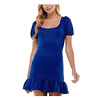 Womens Blue Stretch Textured Tie Ruffled Hem Pouf Sleeve Scoop Neck Short Party Fit + Flare Dress Juniors M
