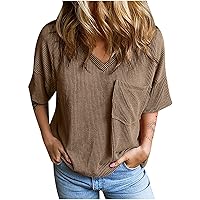 Women's Causual V Neck Short Sleeve Shirts Summer Oversized Tshirt Knit Loose Tunic Tops Blouses Solid Tee with Pocket