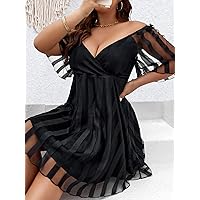 Plus Women's Dress Plus Contrast Mesh Overlap Collar Dress (Color : Black, Size : 4X-Large)