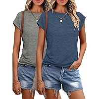 Bliwov 2 Pack Womens Tops Cap Sleeve T Shirts 2024 Crewneck Loose Blouse Summer Fashion Clothes Basic Casual Tee