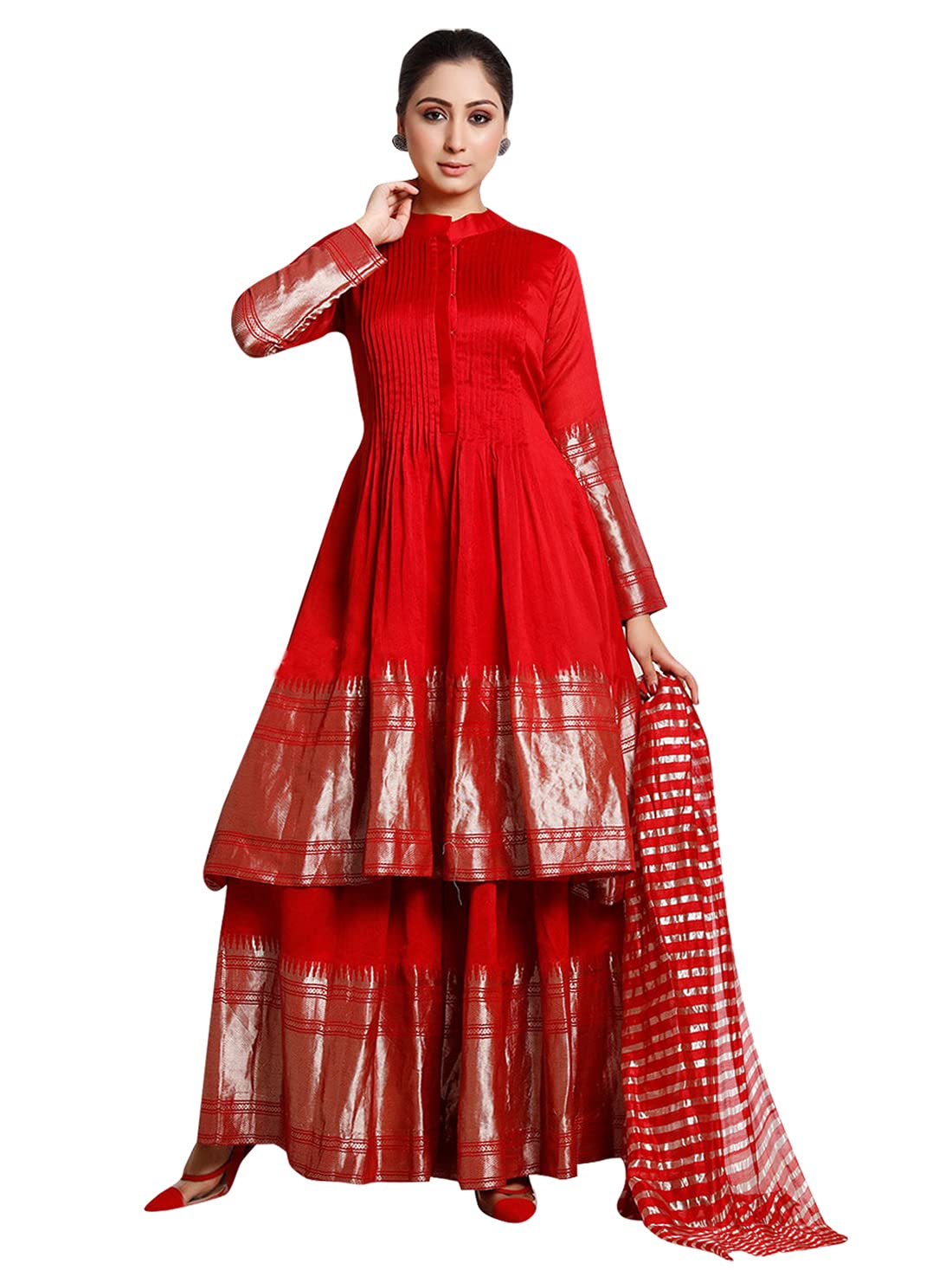 Indian Kurti for Womens With Palazzo Dupatta | Art Silk Woven Kurta Kurtis Tunic For Women