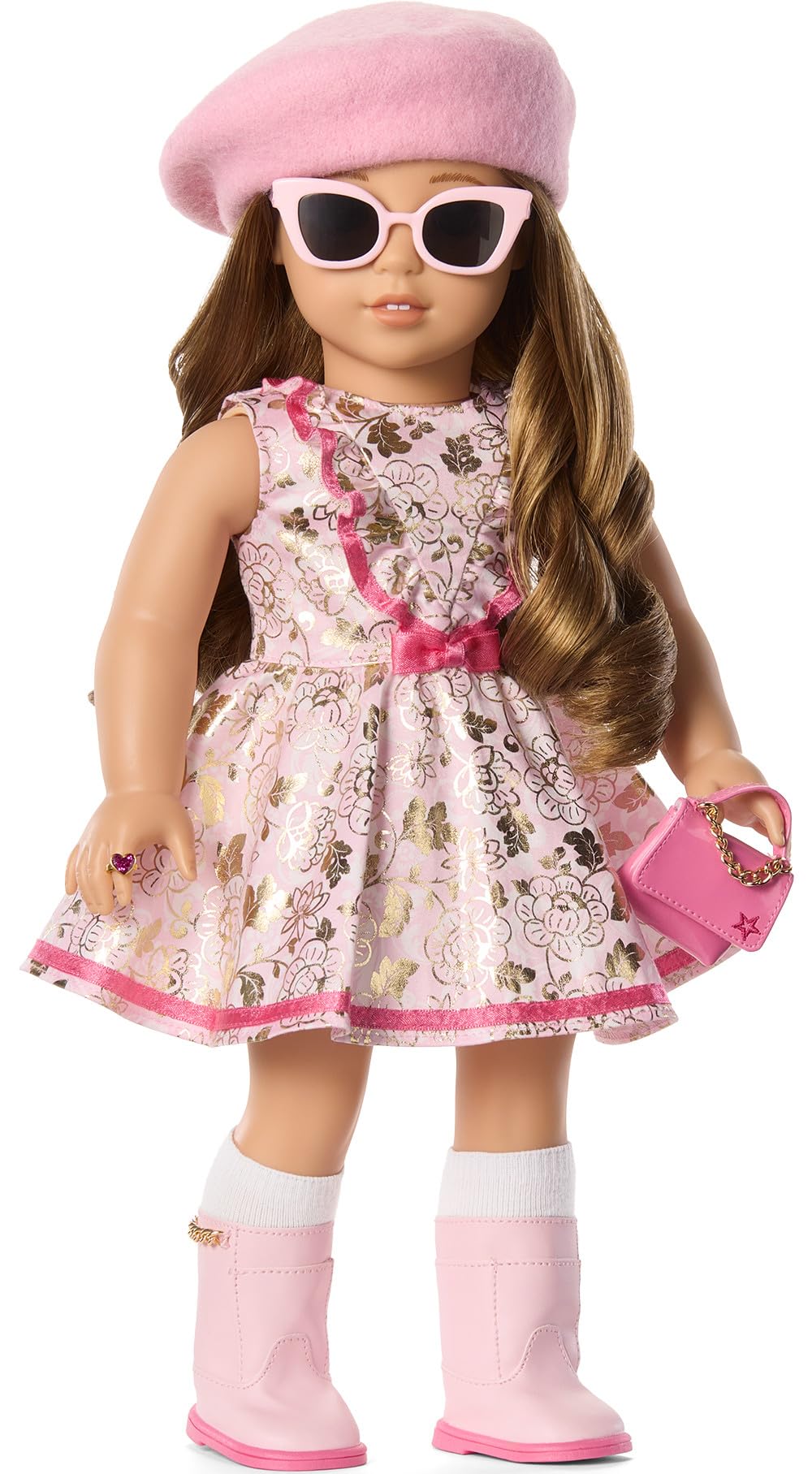 American Girl Truly Me 18-inch Doll Pink Chic Accessories with Purse, Beret, Sunglasses, and Heart Ring, for Ages 6+