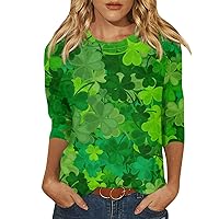 Womens Clothes,St Patrick’S Day Shirt Women 3/4 Sleeve Round Neck Lucky Irish Tops Fashion Clover Printed Plus Sized Blouse Workout Tops for Women Built in Bra