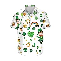 Men Fashion St.Patrick's Day Shirt Hawaiian Shirts Green Shamrock Print Blouses TopsButton Down Short Sleeve Tees