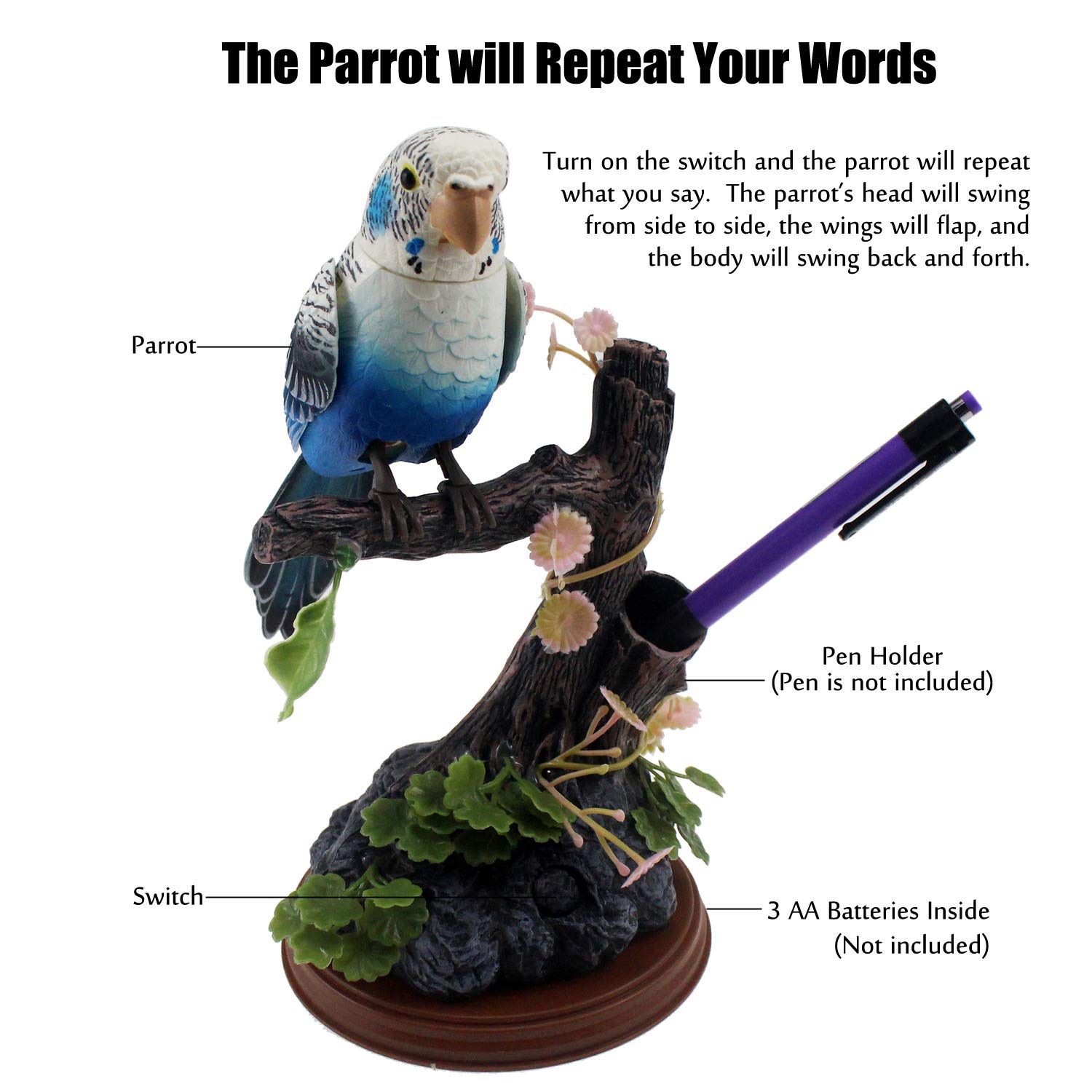 Tipmant Eelctric Birds Talking Parrots Electronic Pets Office Home Decoration Recording & Playback Function, Pen Holders Kids Toys (Single Parrot)