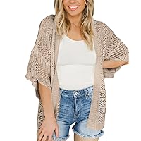 Coololi Women's Crochet Open Front Cardigan 3/4 Bell Sleeve Soft Oversized Knitted Sweater Outerwear Cover Up Coat