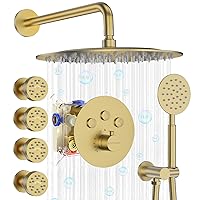 Shower Jets System Wall Mount 12 inch Round Rainfall Showerhead with Multi-function Handheld Spray & 4 Body Jets Set(Can All Run Together), Thermostatic Shower System Valve - Brushed Gold
