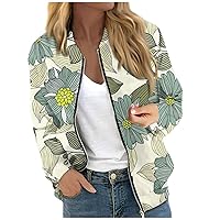 Zip up Jackets for Women Fashion Casual Fall Lightweight Long Sleeve Bomber Coat Stand Collar Floral Print Jackets