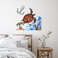 Ocean Beach Nautical Theme Underwater Sea Turtle Laptop Home Wall Decor Wall Sticker Murals Boat Ship Steering Wheel Perching Bird Removable Wall Stickers for Suitcase Nursery Kitchen Doors Vinyl 22in