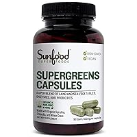 Sunfood Supergreens Capsules with Chlorophyll | 620mg, 90 Count | 9 Super Foods & Probiotics for Gut Health, Super Greens Blend of Spinach, Spirulina & Chlorella Powder