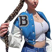 PEHMEA Women's Cropped Varsity Jacket Button Down Colorblock Baseball Bomber Coats Y2K Streetwear(Blue-L)