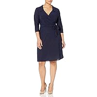 Star Vixen Women's Plus-Size 3/4 Sleeve Faux Wrap Dress with Collar, Navy, 2X