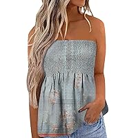 Shirts for Women Trendy Summer Cold Shoulder Sleeveless Tank Tops Slim Fit Pleated Chest Elastic Waist Print Tshirt